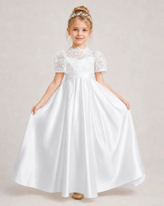 Elegant A Line High Neck Puff Sleeve Bow Back Floor Length Communion Dress