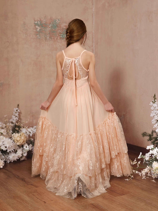 Bohemian A?Line Illusion Neck Sleeveless Tie?Back Floor?Length Junior Bridesmaid Dress