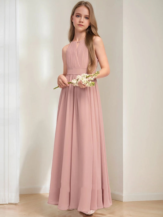 Elegant A?Line Halter Sleeveless Bow Back Floor?Length Junior Bridesmaid Dress