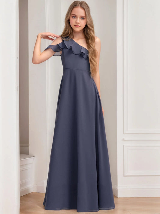 Elegant A?Line One?Shoulder Ruffle Sleeve Open Back Floor?Length Junior Bridesmaid Dress