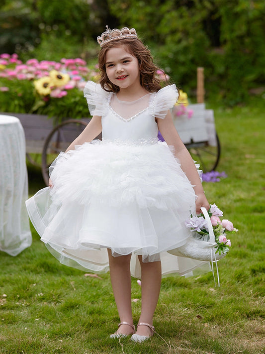 Elegant High Low Ball Gown Illusion Neck Ruffle Sleeve Bow Back Hi?Lo First Communion Dress