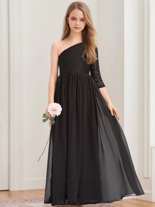 Elegant A?Line One?Shoulder One 3/4 Sleeve Zipper?Back Floor?Length Junior Bridesmaid Dress