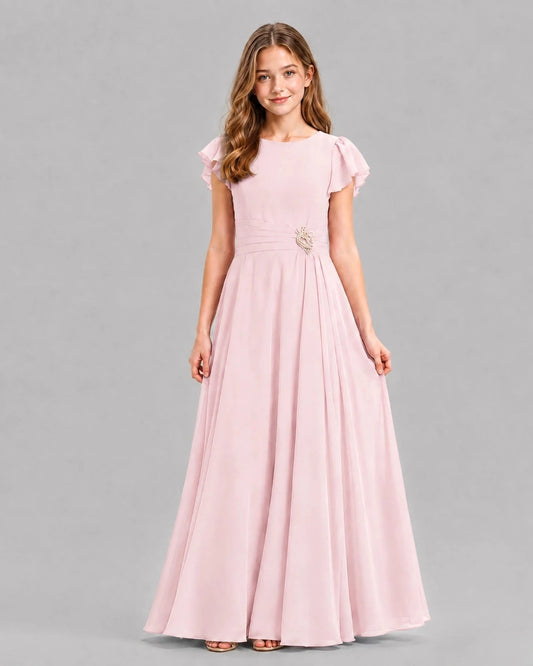 Elegant A Line Round Neck Flutter Sleeve Zipper Back Maxi Dress Wedding