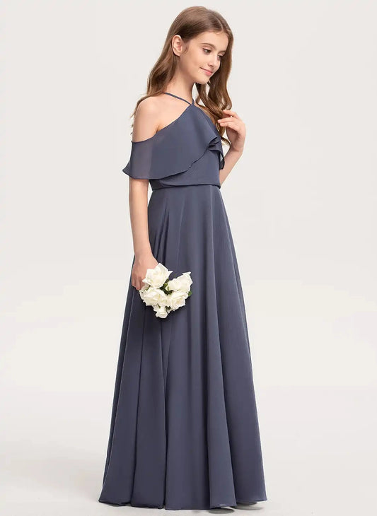 Elegant A Line Halter Cold Shoulder Backless Floor Length Junior Bridesmaid Dress