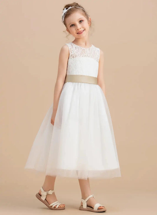 Elegant A Line Round Neck Sleeveless Bow Back Tea Length Flower Girl Dress