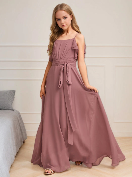 Elegant A?Line Square Cold?Shoulder V?Back Floor?Length Junior Bridesmaid Dress
