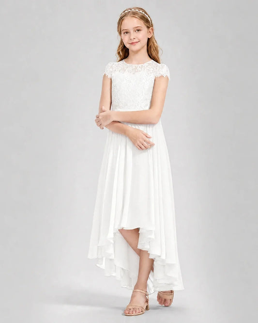 Elegant A Line Round Neck Cap Sleeve Keyhole Back High Low Dress Wedding