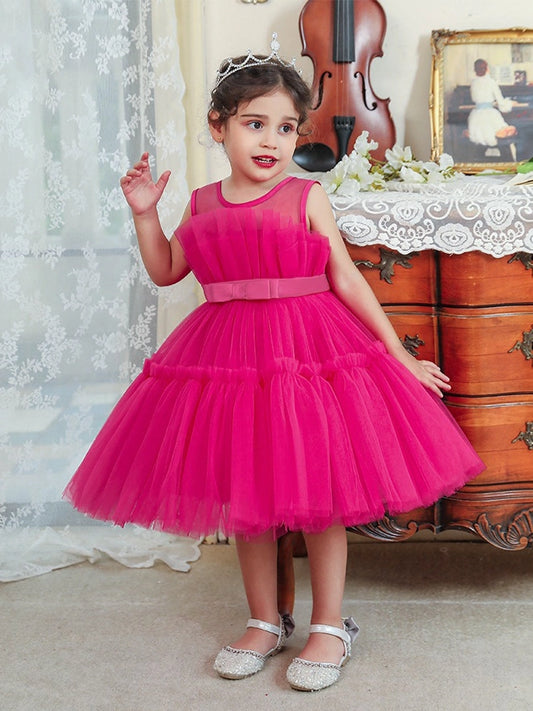 Vibrant A-Line Round Neck Sleeveless Tulle Tea-Length Girls Party Dress