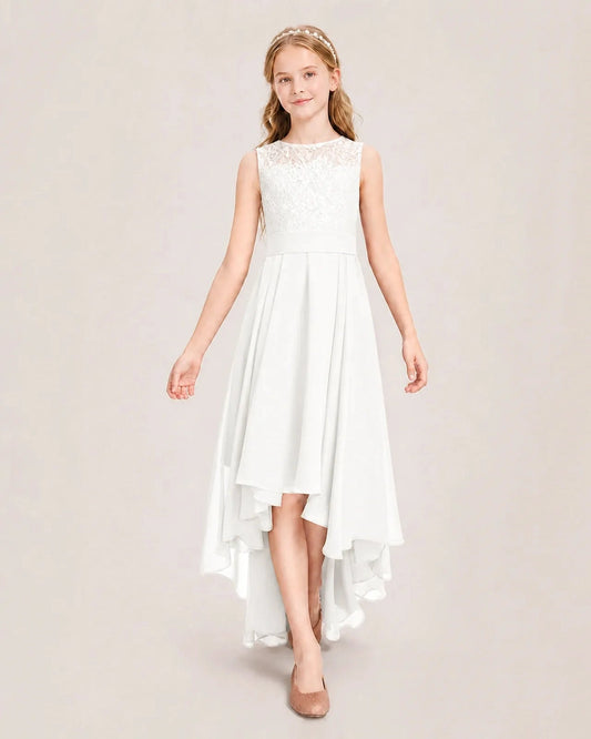Elegant A Line Round Neck Sleeveless Bow Back High Low Bridesmaid Dress
