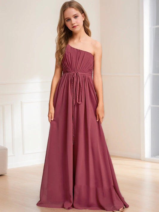 Elegant A?Line One?Shoulder Sleeveless Zipper?Back Floor?Length Junior Bridesmaid Dress