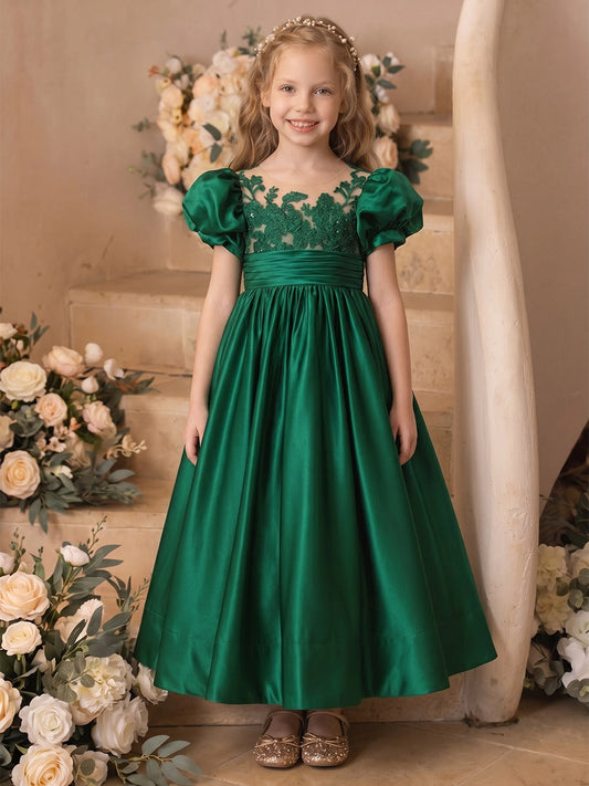 Elegant A Line Illusion Neck Puff Sleeve Bow Back Maxi Flower Girl Dress