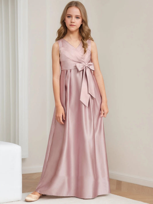 Elegant A?Line V?Neck Sleeveless Cutout Back Maxi Junior Bridesmaid Dress