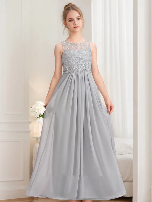 Elegant A?Line Illusion Neck Sleeveless V?Back Floor?Length Junior Bridesmaid Dress
