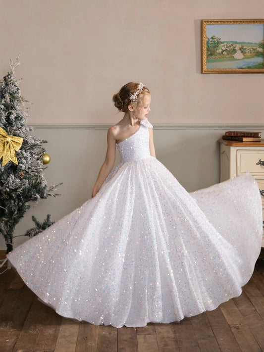 Dreamy Ball Gown One Shoulder Sleeveless Closed Back Floor Length Flower Girl Dress