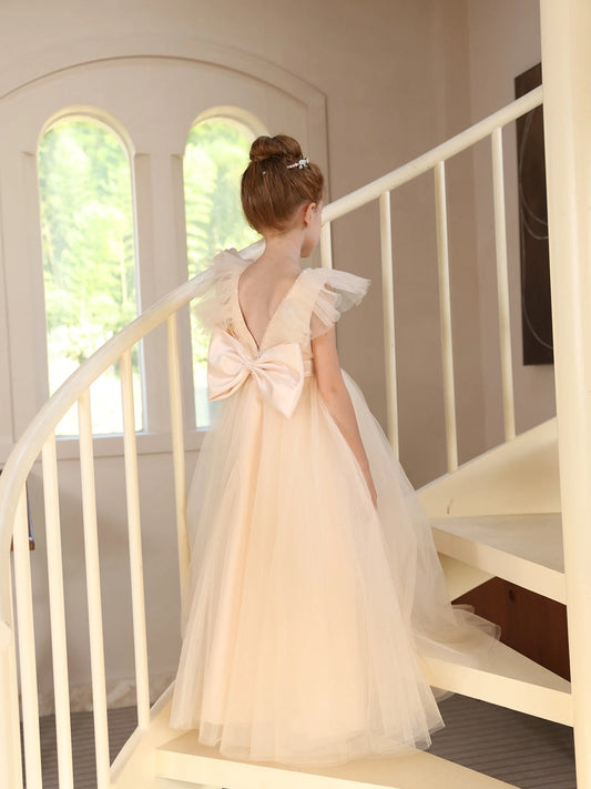 Romantic A-Line Round Neck Ruffle Sleeve V-Back Flower Girl Dress