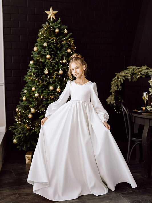 Modest A?Line Round Neck Long Sleeve V?Back Floor?Length Flower Girl Dress