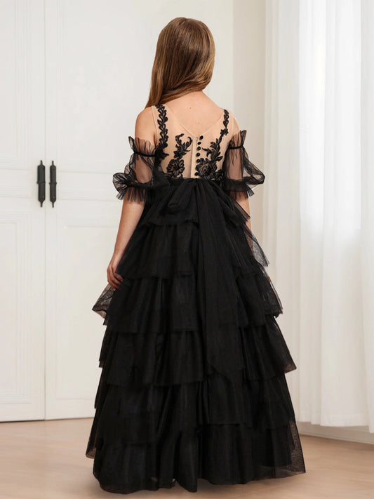 Elegant A Line Illusion Neck Off Shoulder Button Back Floor Length Formal Dress