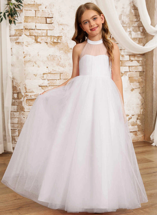 Elegant A Line Illusion Halter Sleeveless Bow Back Floor Length Flower Girl Dress