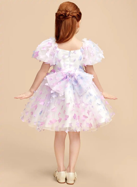 Whimsical Ball Gown Sweetheart Puff Sleeve Bow Knee Length Girls Dress