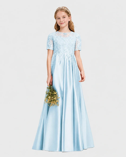 Elegant A Line Round Neck Short Sleeve V Back Floor Length Dress