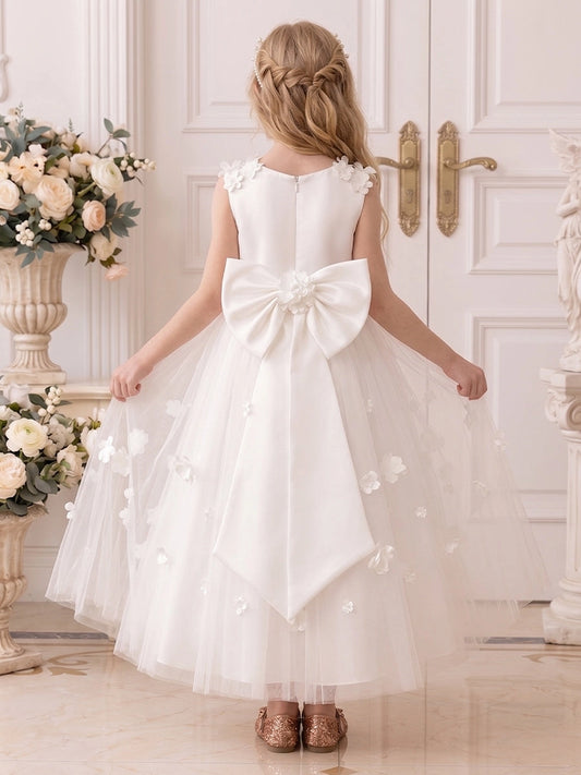 Elegant A-Line Round Neck Sleeveless Bow Back Floor-Length Flower Girl Dress