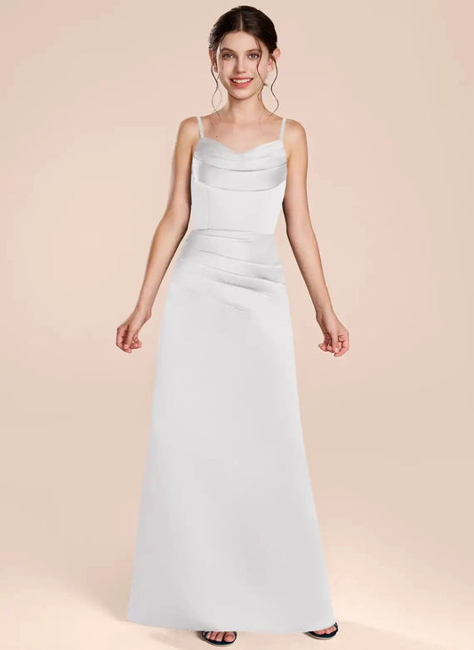Elegant A Line Cowl Neck Spaghetti Strap Bow Back Floor Length Junior Bridesmaid Dress