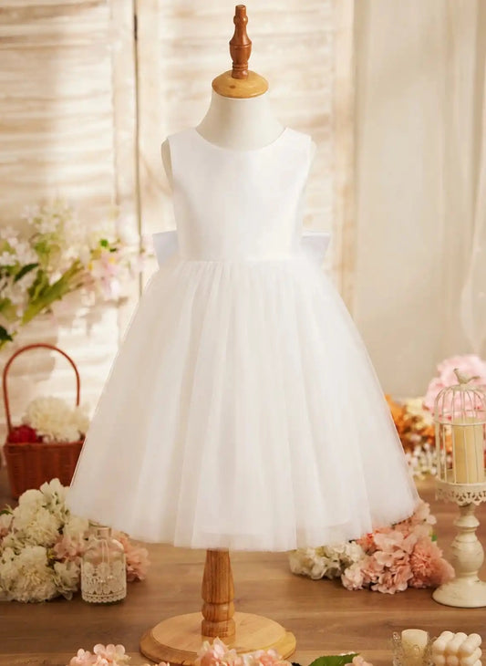 Elegant A Line Round Neck Sleeveless V Back Tea Length Flower Girl Dress