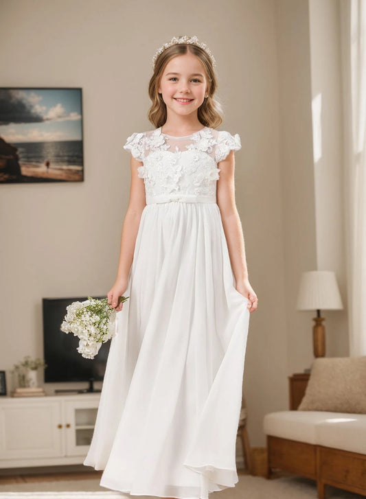 Elegant A?Line Illusion?Neck Cap?Sleeve Lace?Back Floor?Length Flower Girl Dress