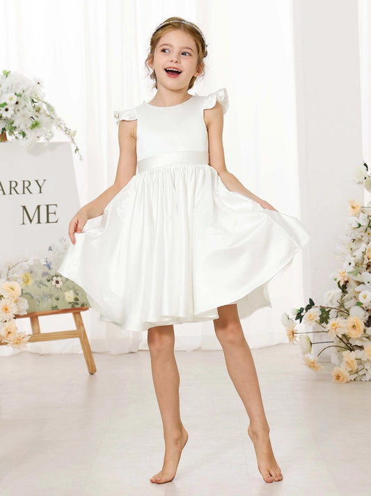 Elegant A?Line Round Neck Ruffle Sleeve V?Back Knee Length Flower Girl Dress