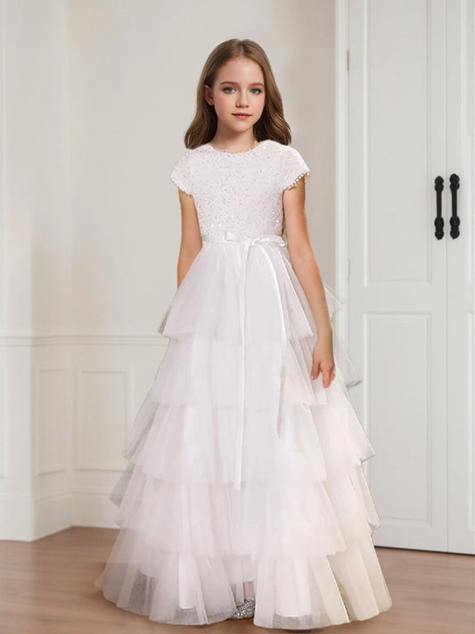 Elegant A Line Round Neck Cap Sleeve Zip Back Floor Length Flower Girl Dress