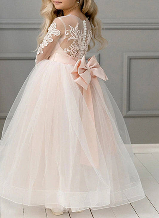 Vintage A?Line Illusion Neck Long Sleeve Lace?Back Floor?Length Flower Girl dress