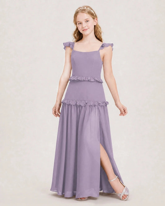 Elegant A-Line Square Neck Ruffle Sleeve Square Back Floor-Length Junior Bridesmaid Dress