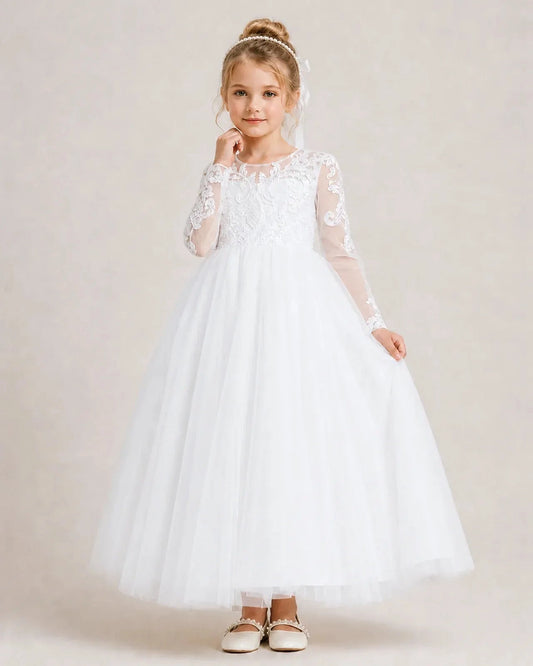 Elegant A Line Round Neck Long Sleeve Bow Back Maxi Communion Dress