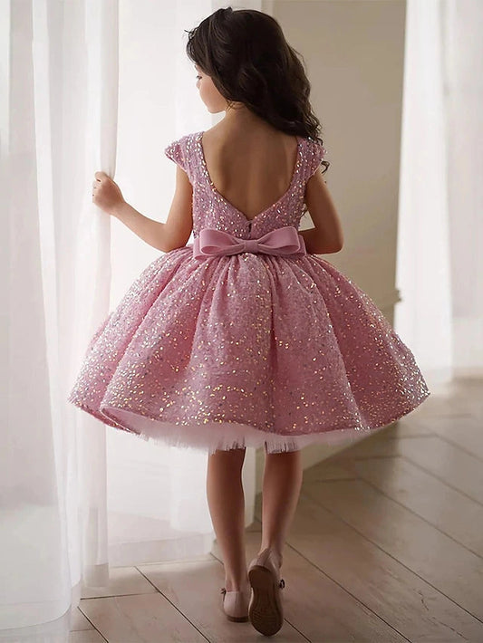 Sparkly A?Line Round Neck Cap Sleeve V?Back Knee?Length Flower Girl Dress