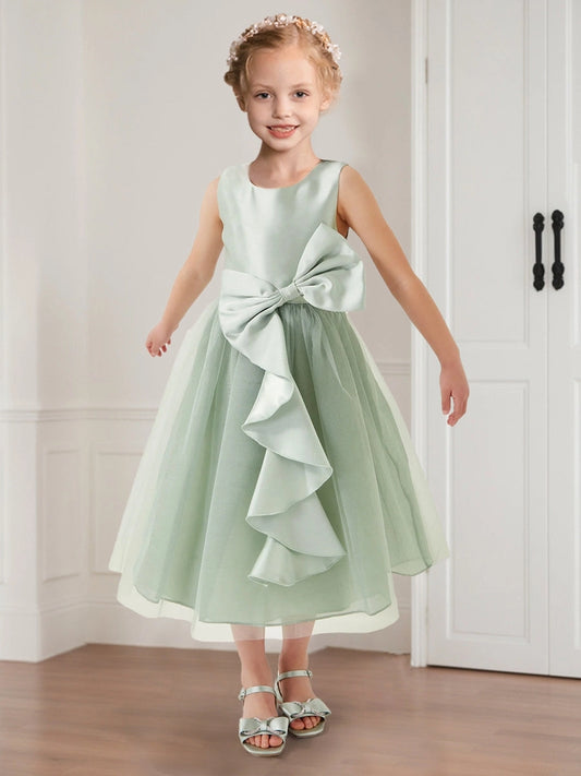 Elegant A Line Round Neck Sleeveless Closed Back Tea Length Flower Girl Dress