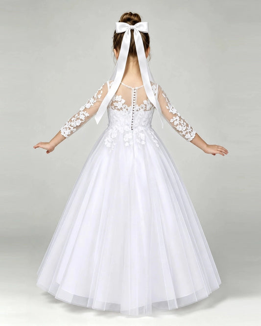 Elegant A Line Illusion Neck Lace Sleeves Button Back Floor Length Communion Dress