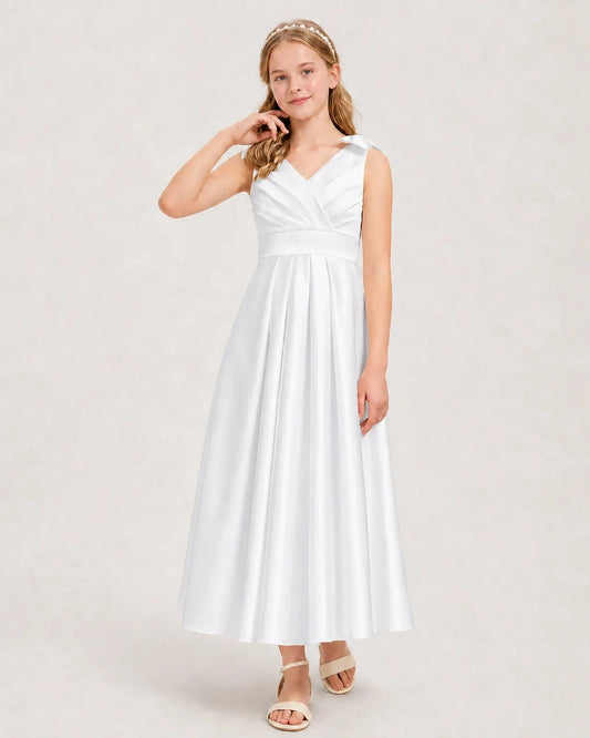 Elegant A Line V Neck Sleeveless V Back Tea Length Bridesmaid Dress