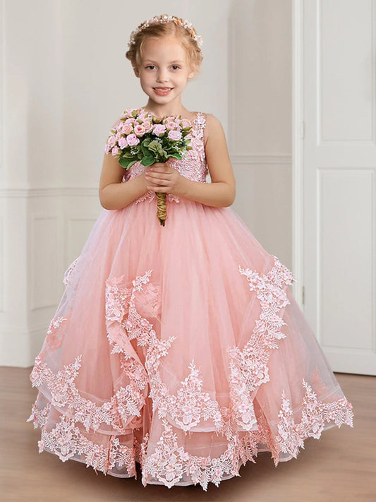 Romantic Ball Gown Round Neck Sleeveless Illusion Back Flower Girl Dress