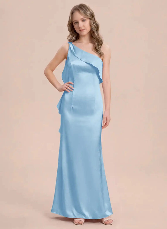 Elegant Sheath One Shoulder Sleeveless Open Back Floor Length Junior Bridesmaid Dress