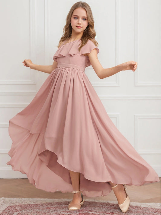 Elegant A?line One?shoulder Ruffle Sleeve Tie?back Hi?low Junior Bridesmaid Dress