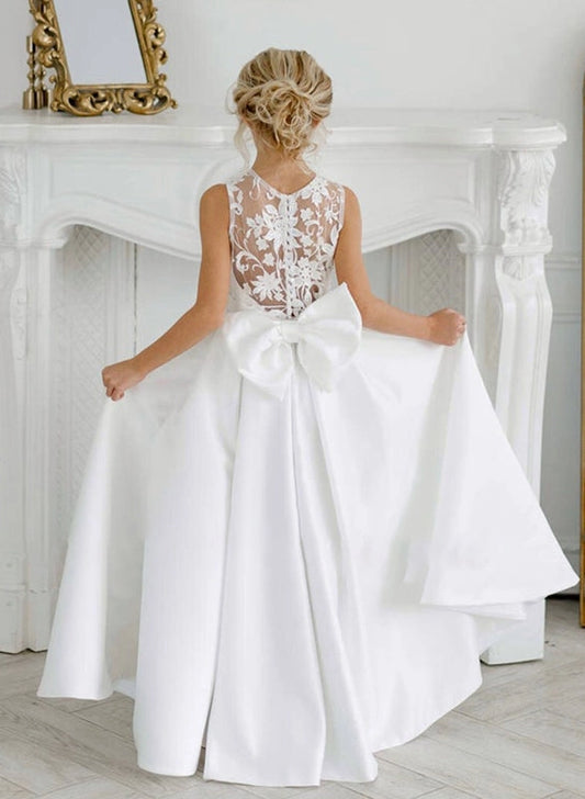 Classic A?Line Round Neck Sleeveless Lace?Back Floor?Length Flower Girl Dress