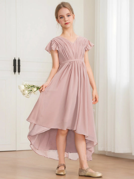 Romantic A?Line V?Neck Flutter?Sleeve Deep?V?Back High?Low Junior Bridesmaid Dress