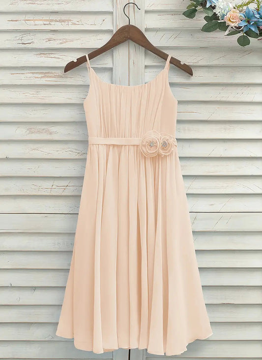 Elegant A Line Square Neck Sleeveless Zipper Back Tea Length Junior Bridesmaid Dress