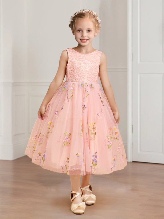 Romantic A Line Round Neck Sleeveless V Back Tea Length Flower Girl Dress
