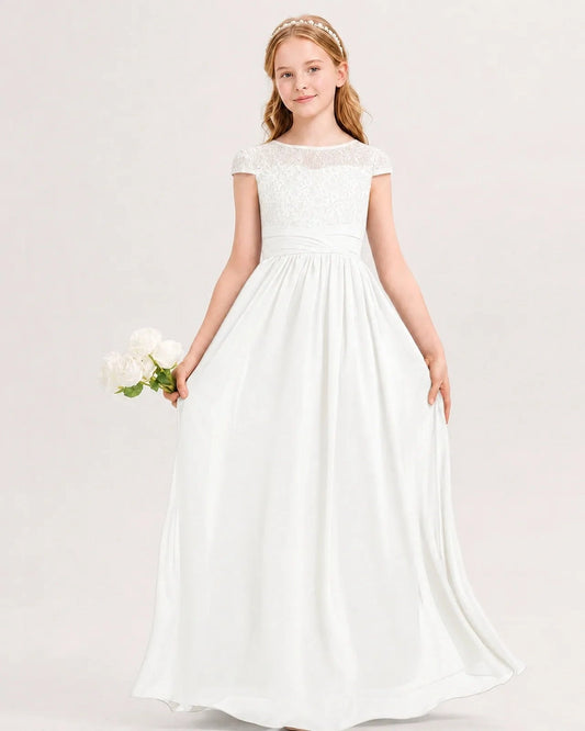 Elegant A Line Round Neck Cap Sleeve Keyhole Back Maxi Flower Girl Dress