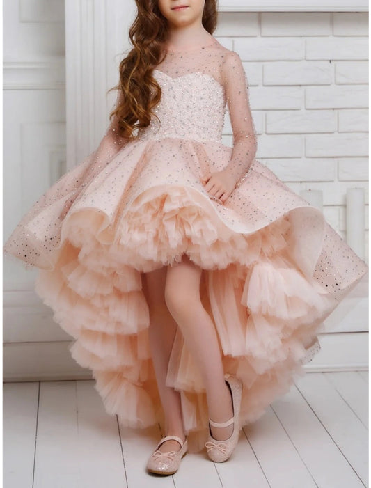 Glamorous A?Line Sweetheart Long?Sleeve Illusion?Back High?Low Flower Girl Dress