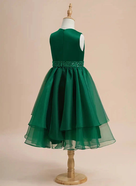Elegant A Line Round Neck Sleeveless Zip Back Tea Length Girls Dress