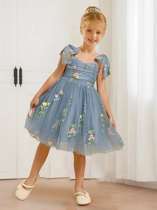 Romantic A Line Square Neck Bow Sleeve Low Back Knee Length Party Dress