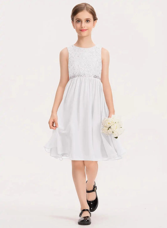 Elegant A Line Round Neck Sleeveless Tie Back Knee Length Junior Bridesmaid Dress