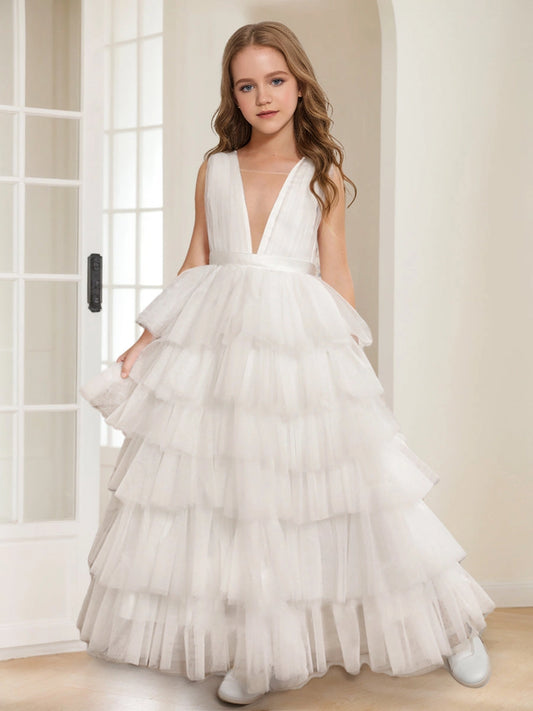 Elegant A Line V Neck Sleeveless V Back Floor Length Flower Girl Dress